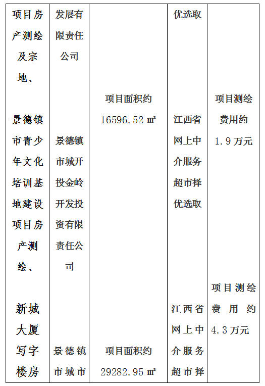 昌南新區托幼服務中心建設項目房產測繪及宗地、景德鎮市青少年文化培訓基地建設項目房產測繪、新城大廈寫字樓房產測繪及落宗、景德鎮市發展中心（一期）項目房產測繪項目計劃公告